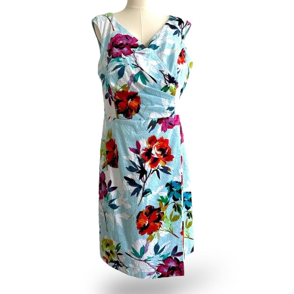 Adrianna Papell Lt Blue Floral Jacquard Sheath Midi Faux Wrap Slvls Sz‎ 16 NWT
